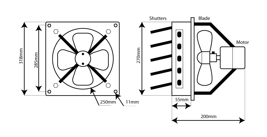 Commercial Wall Fan(250 mm) with Gravity Shutters | Universal Fans