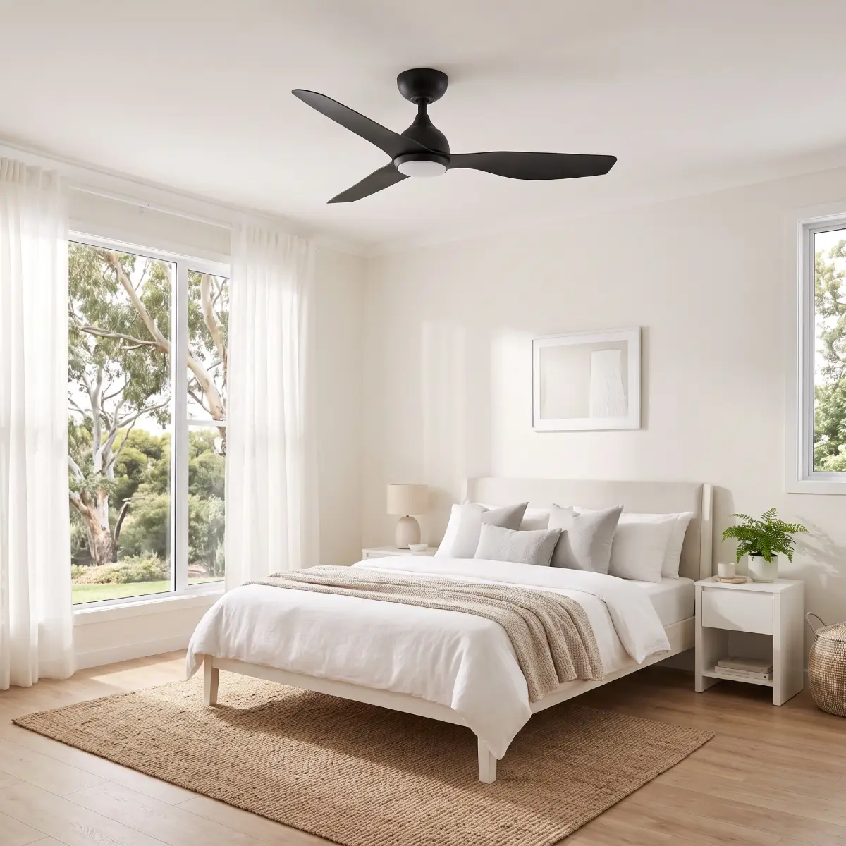 claro-whisper-dc-48-inch-ceiling-fan-black-with-led-light-on-wide-bedroom-with-outdoor-view-insitu