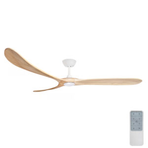 Three Sixty Timbr DC Ceiling Fan with LED Light - Matte White with Natural Blades 72