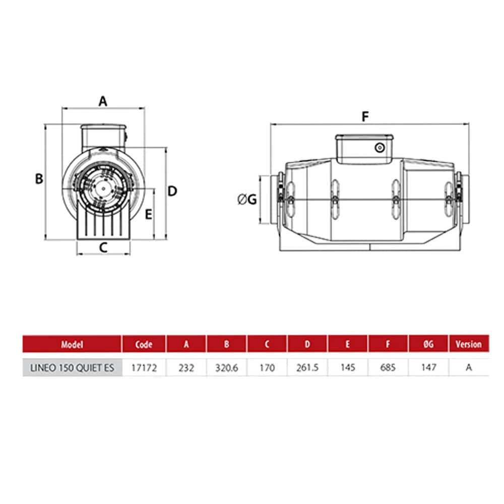 Vortice Lineo Quiet ES 150 Dimensions