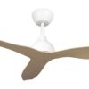 Close-up of white Whisper IP66 DC ceiling fan with light oak blades, 52-inch