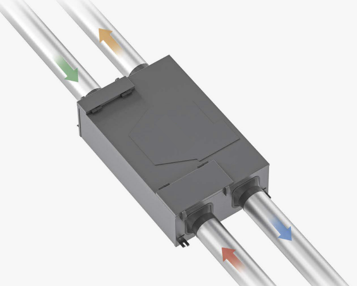 Diagram of the Fanco Habitat Central HRV unit showing airflow directions for fresh air intake, exhaust, and filtered supply