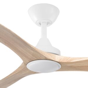 Three Sixty Spitfire DC Ceiling Fan with LED Light - White with Light Oak Blades 52" - close up
