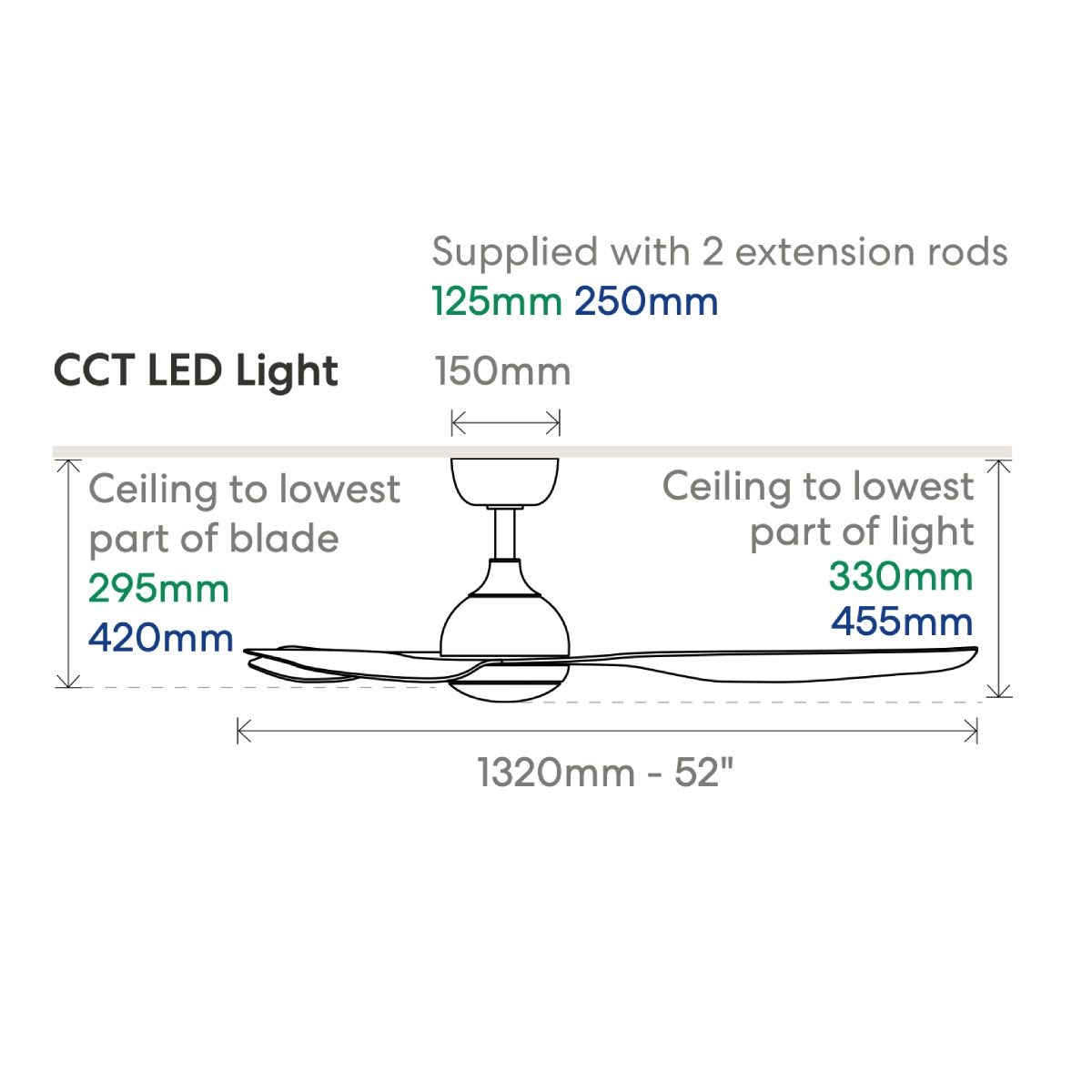 Fanco Eco Style DC 52 inch with CCT LED light dimensions