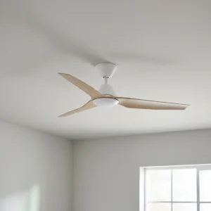 Fanco Infinity-iD Smart DC Ceiling Fan with CCT LED Light - White with Beechwood Timber-style Blades 48" - insitu