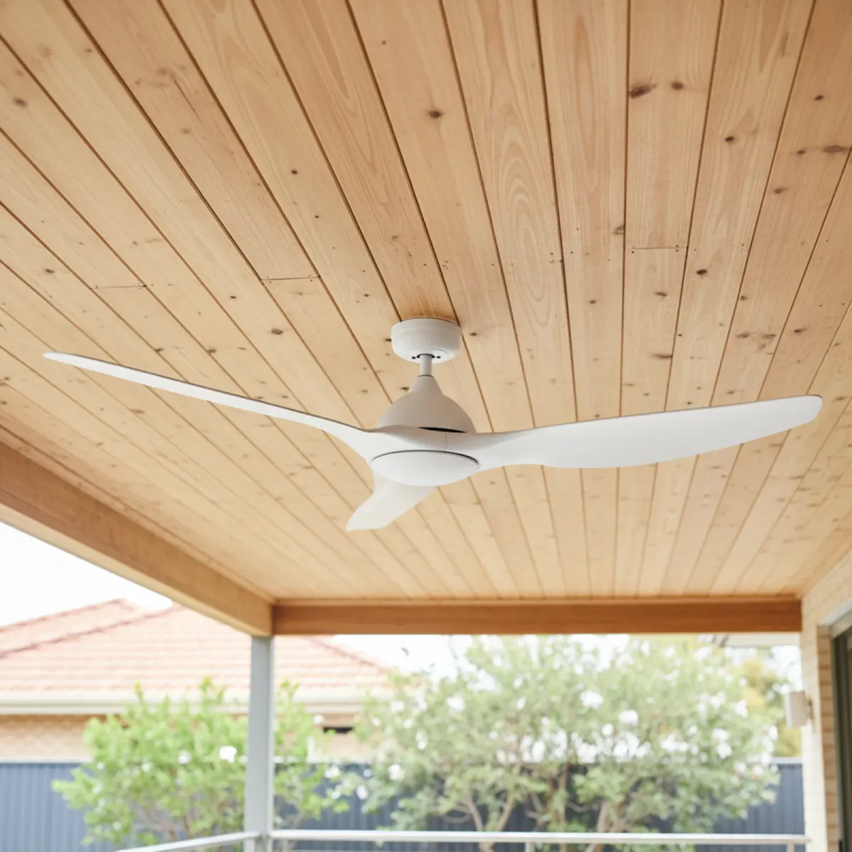 fanco-horizon-dc-64-inch-white-no-light-installed-in-wood-paneled-ceiling