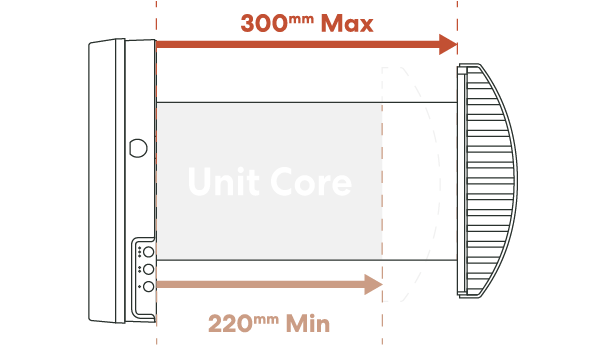 Fanco Habitat Expert EH-14 hood without F7 filter showing 220mm minimum and 300mm maximum wall thickness