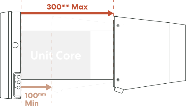 Fanco Habitat Expert EH-20 hood without F7 filter showing 100mm minimum and 300mm maximum wall thickness